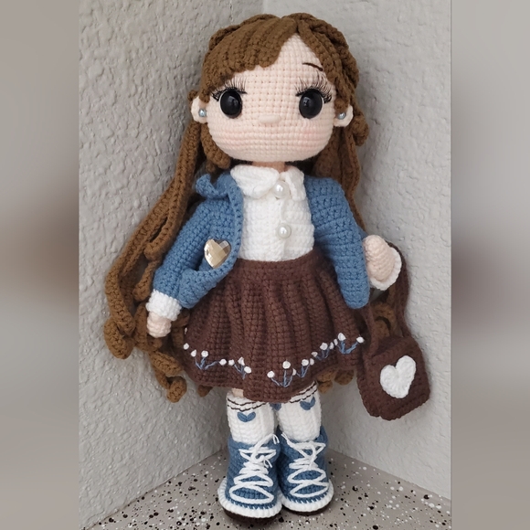 Cute handmade crochet school girl doll stuffed plush